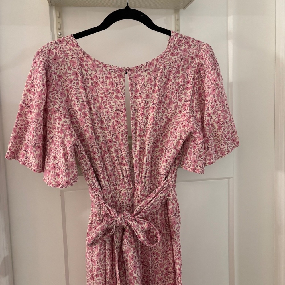 STILLWATER Britton Midi Dress Pink Floral Flutter Sleeve V Neck Cottagecore M - Picture 6 of 6